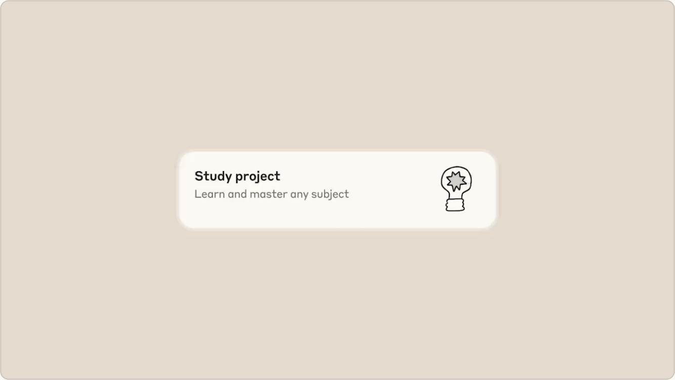 学习模式界面截图：Projects 中的「Study project」（学习项目）模板卡片，标语为「Learn and master any subject」（学习并掌握任意学科）