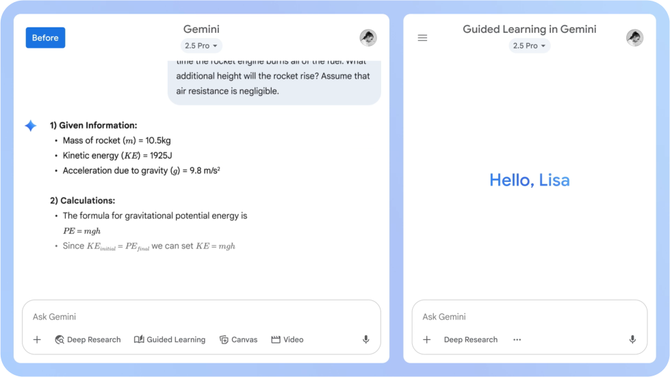普通 Gemini 与引导式学习的界面对比：左侧直接给出解题步骤，右侧以”Hello, Lisa”开启引导式对话
